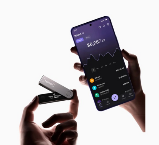 Smartphone displaying cryptocurrency wallet app with a Ledger Nano X on a white background