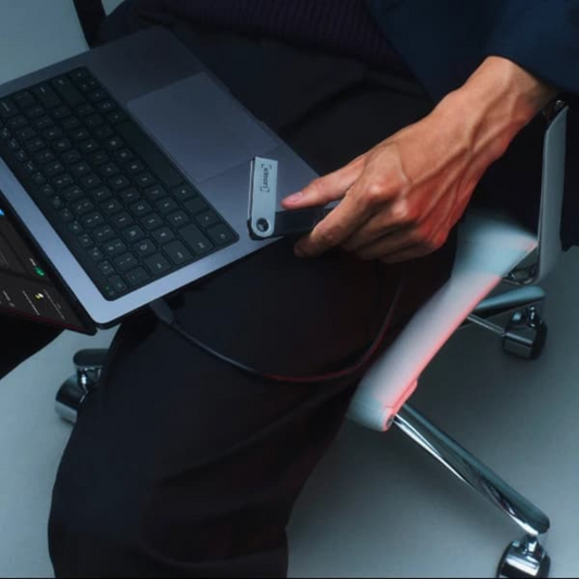 Person using a Ledger Nano S Plus with a laptop on a desk