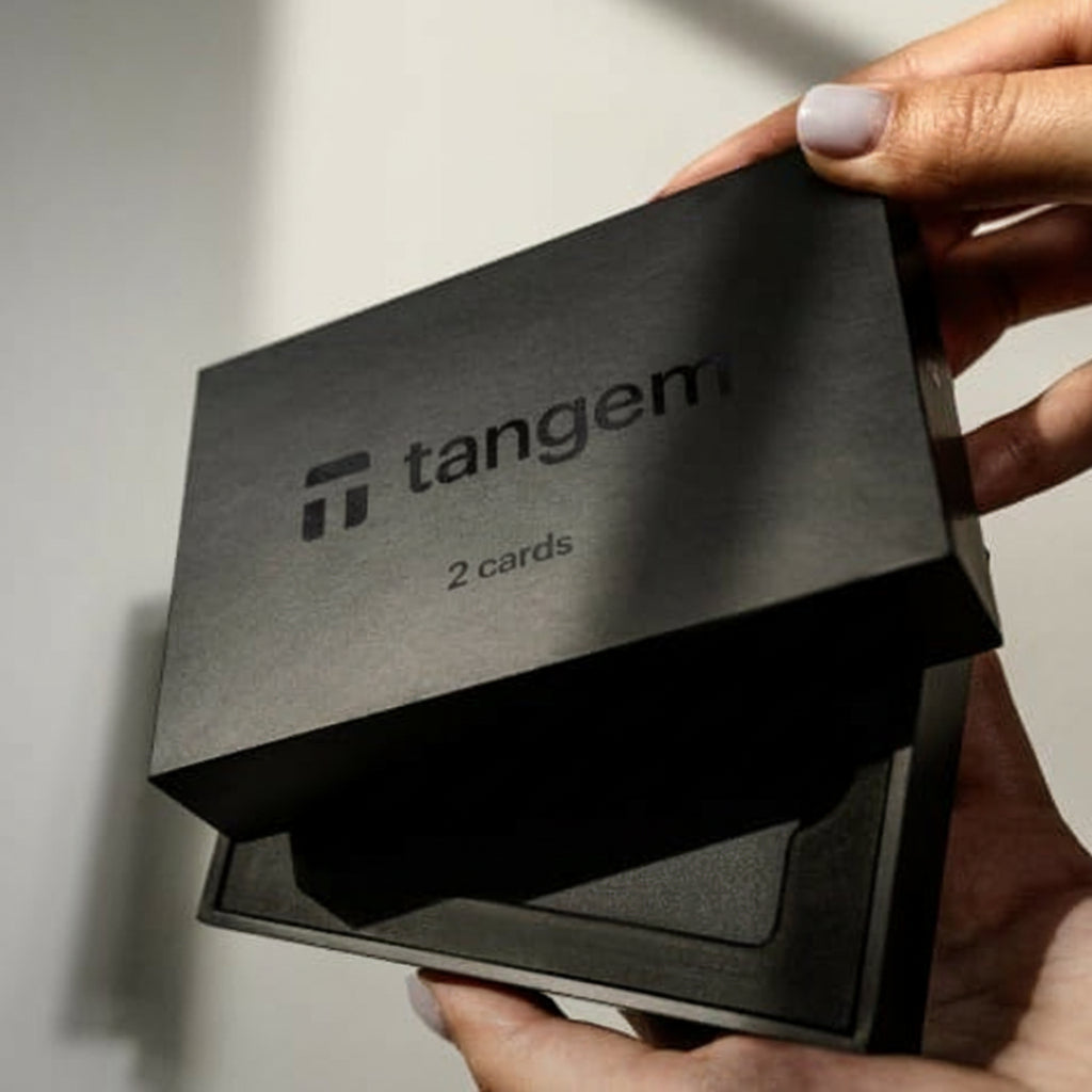 Person holding a black box with Tangem logo