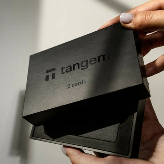 Person holding a black box with Tangem logo