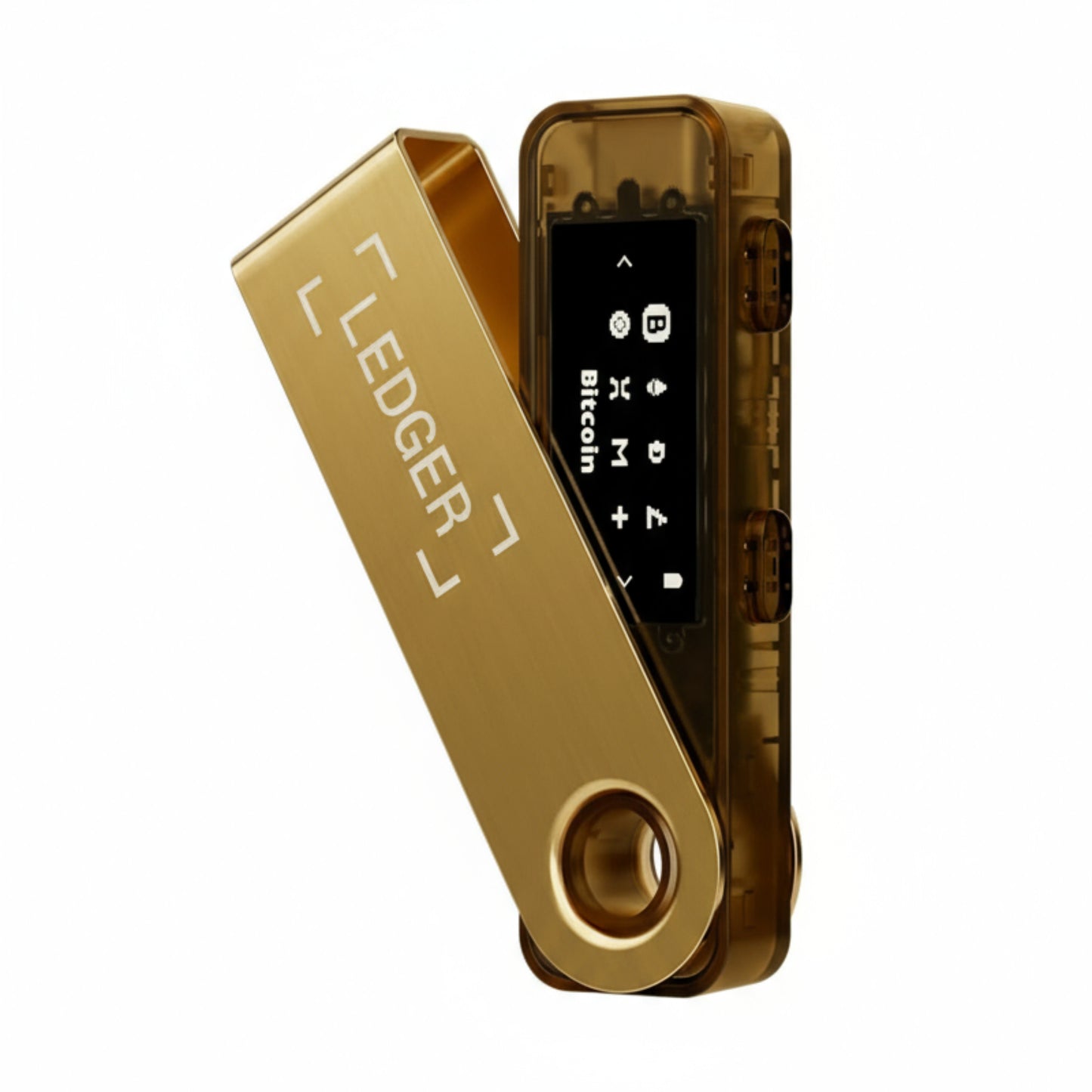 Gold Ledger Nano S Plus with digital display on a white background