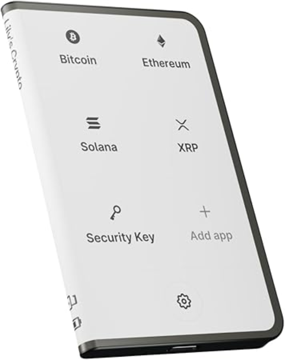 Ledger Stax Futuristic control panel with cryptocurrency options on a white background