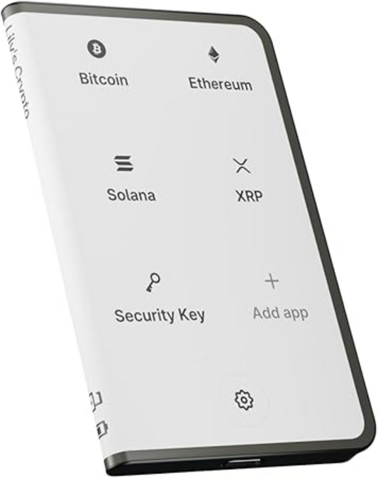 Ledger Stax Futuristic control panel with cryptocurrency options on a white background