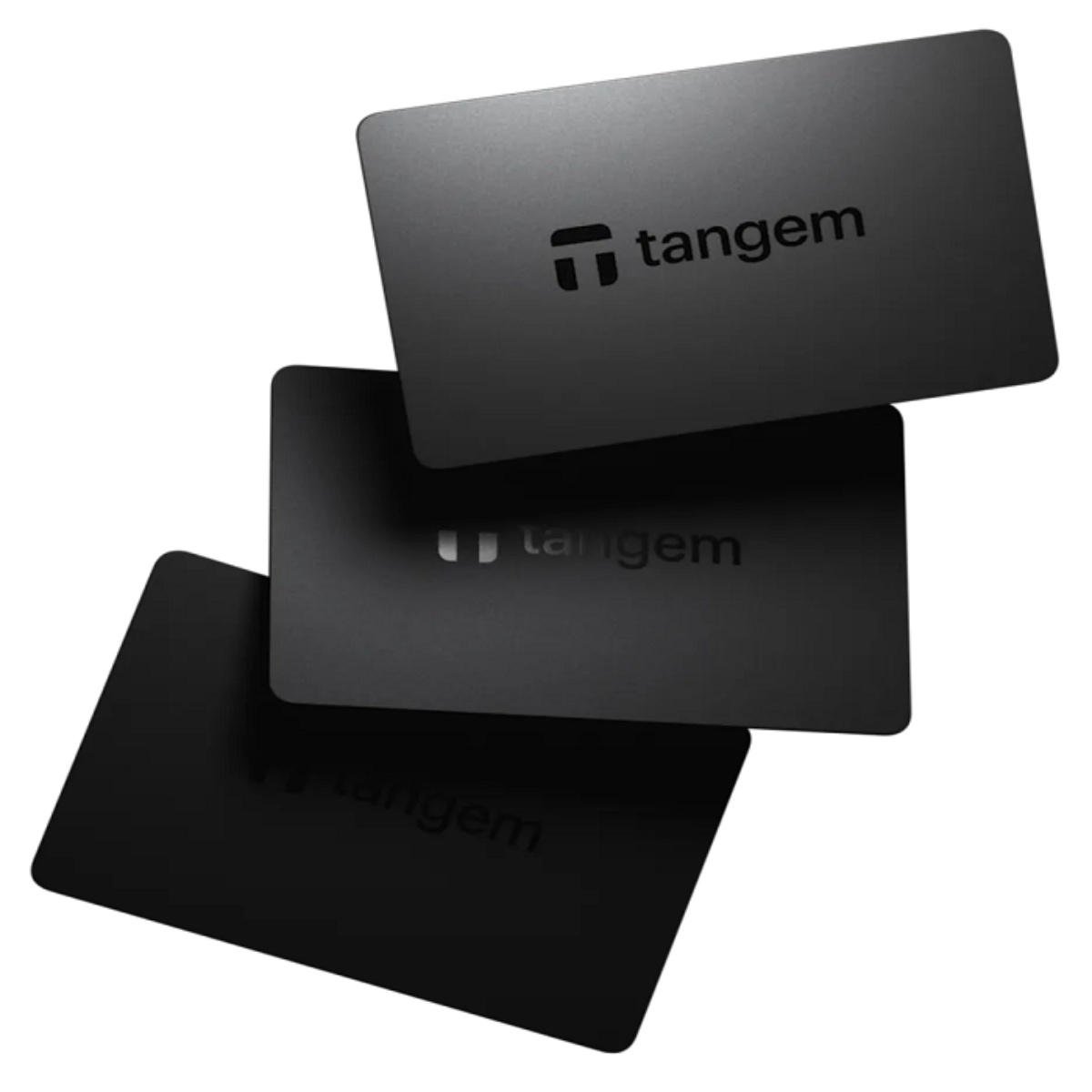 Three black Tangem cards stacked on a white background